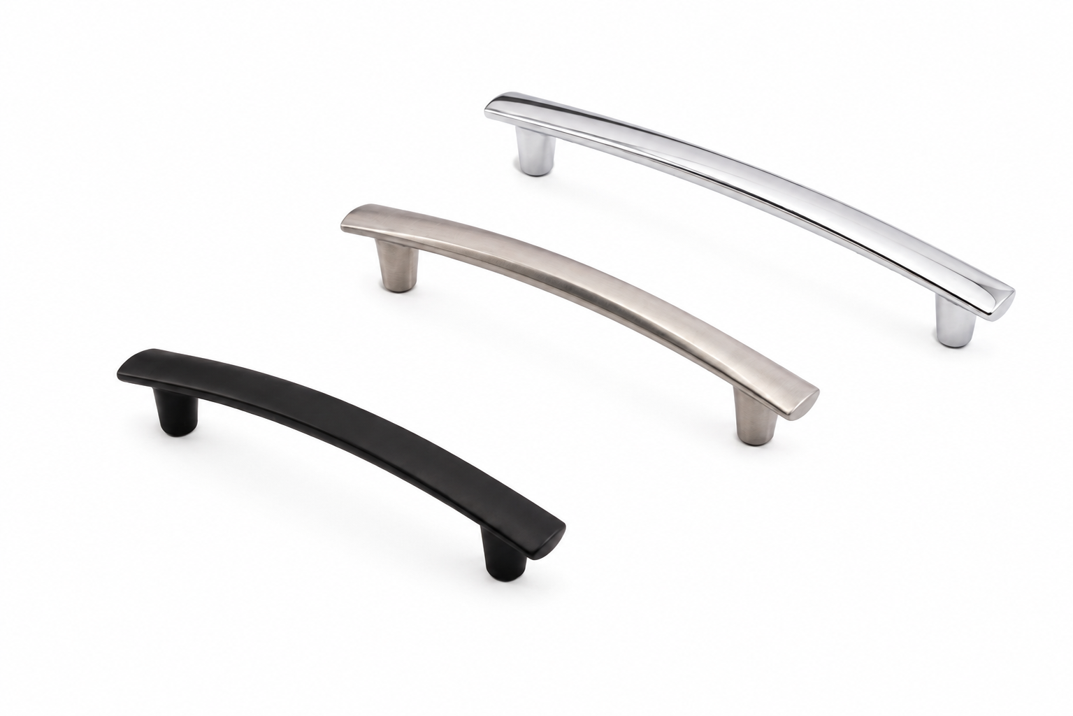 Three arched bow cabinet pulls in matte black, brushed nickel and polished chrome