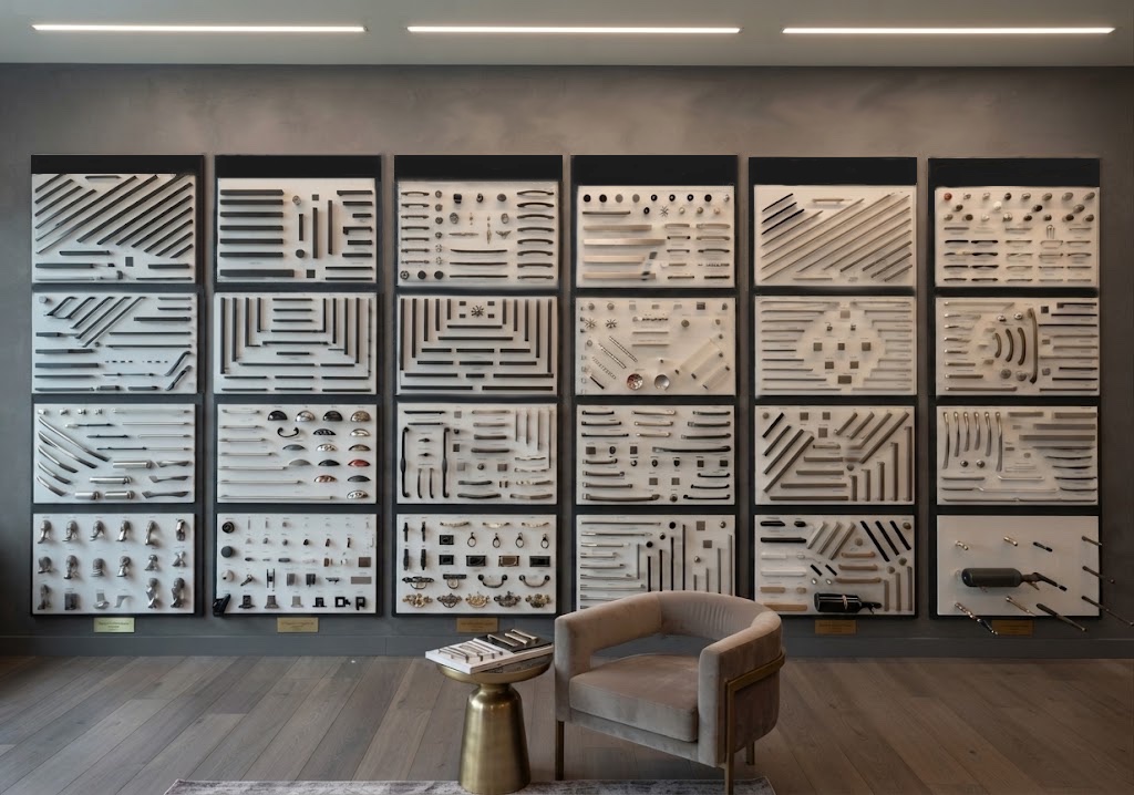 Showroom wall display of cabinet handles, knobs and hardware samples