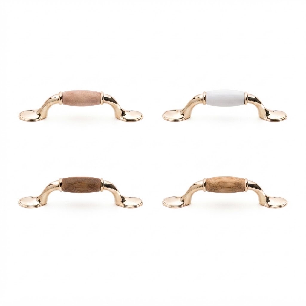 PSBP antique pull with polished brass body and maple oak unfinished oak white