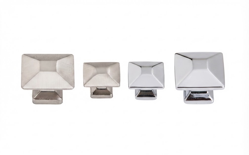 K9001 square classic knobs in brushed nickel and polished chrome