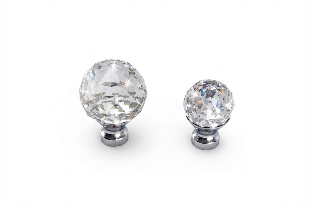 K003S and K003L faceted ball glass crystal knobs in two sizes on a white background